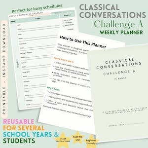 以下が含まれることがあります： Classical Conversations Challenge A の生徒向けの、印刷可能な週間プランナー。 プランナーには、科目、メモ、進捗状況を追跡するためのセクションが含まれています。 デザインは緑と白の色合いで、「Classical Conversations Challenge A Weekly Planner」というテキストが入っています。