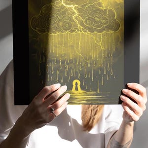 Tela monocromática fosca de céu tempestuoso, pintura de nuvem com impressão em linóleo, arte em aquarela amarela e temperamental, quadro, impressão em linóleo, linóleo, affiche
