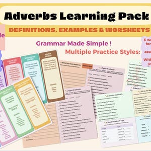 Könnte beinhalten: Ein Lernpaket namens "Adverbs Learning Pack" mit Definitionen, Beispielen und Arbeitsblättern. Das Paket enthält druckbare PDF-Karten mit Definitionen und Beispielen sowie Arbeitsblätter zur Überarbeitung und Bewertung. Der Text "Grammar Made Simple!" ist ebenfalls sichtbar.