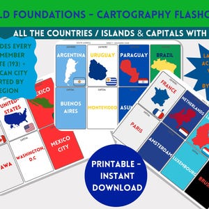 May include: Flashcards for world foundations, featuring country flags and capitals. Includes all UN member states and Vatican City, sorted by region. The cards are designed to be laid out over 36 weeks. The text "Printable - Instant Download" is also visible.