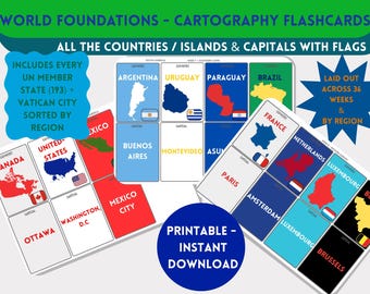 World Countries Capitals Flashcards with Flags 36-Week Geography Program CC Challenge A Cartography Middle School Memory Work Printable PDF