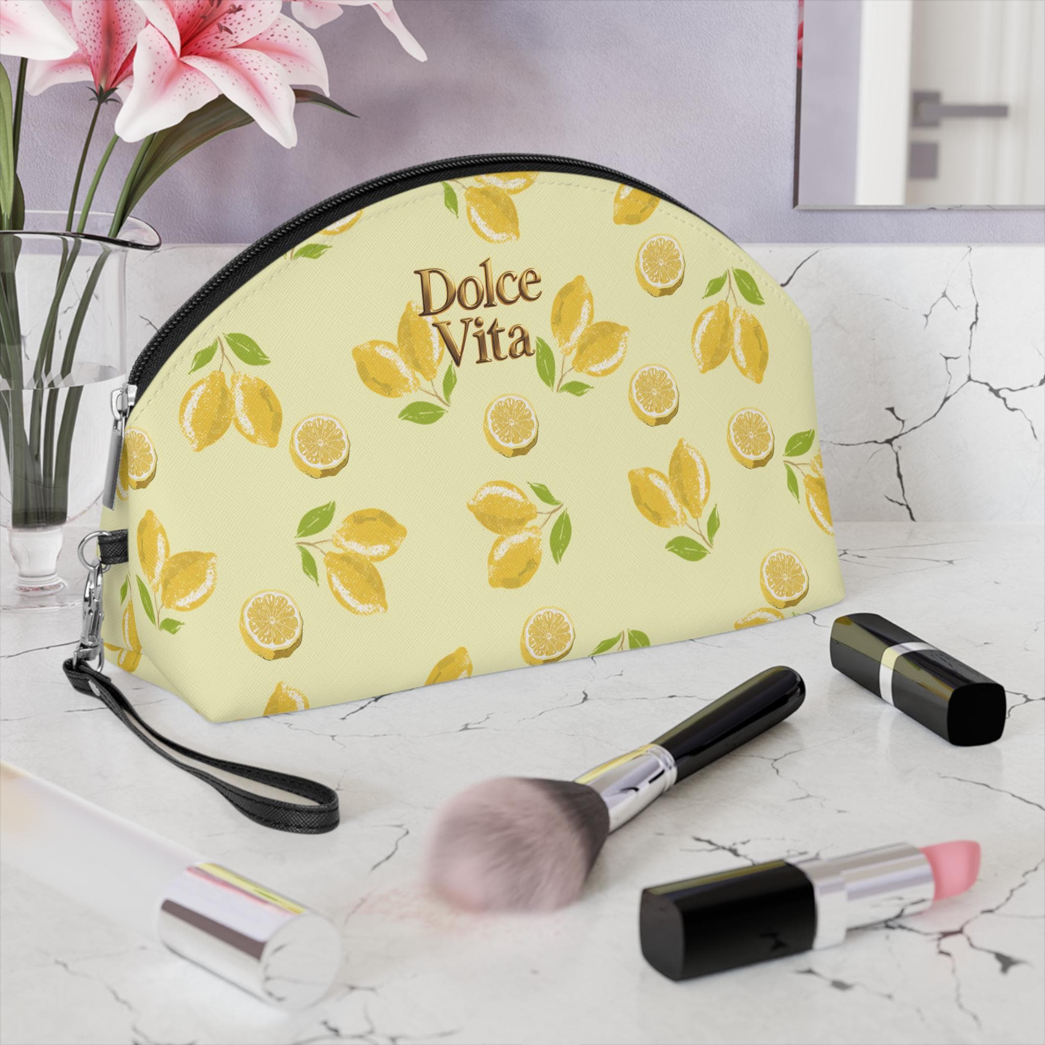 Lemon Makeup Bag Fruity Yellow Cosmetic Pouch La Dolce Vita Travel Organizer Summer Vanity Case Colorful Pastel Crayon Design gift for her