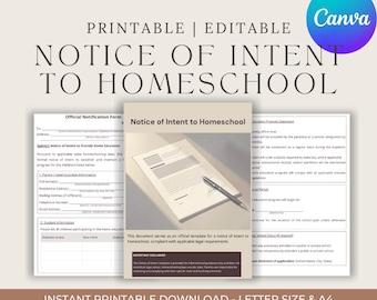 Notice of Intent to Homeschool Printable Editable NOI Form Homeschool Legal Document Home Education Letter Affidavit Form US States