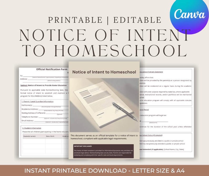 Notice of Intent to Homeschool Printable Editable NOI Form Homeschool ...