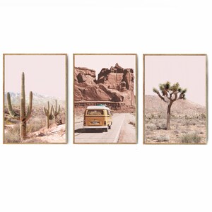 Abenteuer 3-teiliges Wandbild, Kaktus Druck, Triptuch, Van Poster Arizona Gerahmter Druck, Wüstenlandschaft Set, Joshua Tree Print, Van Road Print