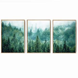 Green Forest 3 Piece Wall Art, Misty Forest Triptych, Landscape Print Set, Forest Panorama Framed Print, Nature Wall Art, Forest Canvas Set
