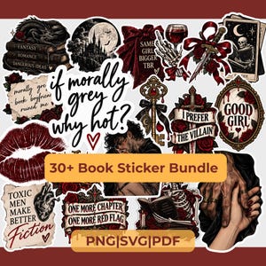 Puede incluir: Una colección de pegatinas con temas románticos oscuros, que incluye ilustraciones de esqueletos, dagas, rosas rojas, libros y texto como "if morally grey why hot?", "I prefer the villain", "Good Girl" y "One more chapter".