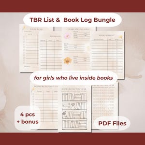 Könnte beinhalten: Ein Bundle aus druckbaren PDF-Buchprotokollen und -Listen. Die Seiten enthalten Abschnitte für "Zu lesen", "Buchprotokoll", "Aktuell lesen" und "Buch-Wunschliste". Der Text "for girls who live inside books" ist ebenfalls sichtbar. Das Bundle enthält 4 Teile plus einen Bonus.
