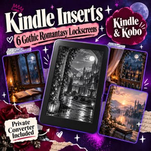 Könnte beinhalten: Ein digitales Produkt mit Kindle Inserts 6 Gothic Romantasy Lockscreens für Kindle- und Kobo-Geräte. Das Bild zeigt einen schwarzen E-Reader-Bildschirm mit einer Schloss-Szene, umgeben von verschiedenen Fantasy-Landschaftsbildern und Text.