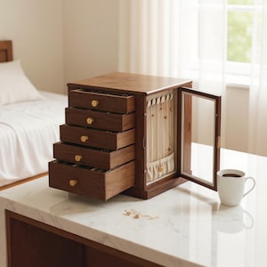 Luxury Walnut Rotating Jewelry Box – 5-Layer Wooden Organizer with Glass and Brass | Large Capacity Ring, Earring & Necklace Storage