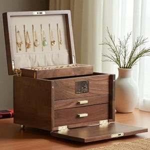 Walnut Wood Jewelry Box – Multi-Layer Storage Organizer with Drawers | Luxury Wooden Case for Rings, Earrings, Necklaces & Bracelets