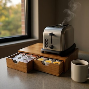 Wooden Coffee Pod & Tea Organizer – 2 Drawer Countertop Storage with Open Shelf, Modern Coffee Bar Cabinet for Kitchen and Dining