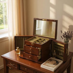 Vintage Holz Schmuck Box Organizer, 4 und 5-Tier-Schubladen, Schloss & Spiegel, Ohrring Halskette Aufbewahrung, Desktop Schmuck Schrank