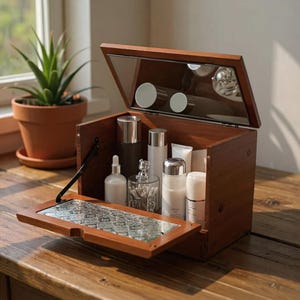 Boîte à bijoux en bois rustique avec couvercle en verre - Organiseur de grande capacité pour accessoires, maquillage et parfum, rangement de style vintage
