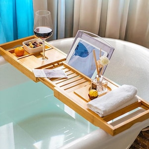 Adjustable Bamboo Bathtub Tray Caddy with Wine Holder, Soap Dish, Book & Phone Slot - Perfect Bathroom Organizer for Relaxing Showers