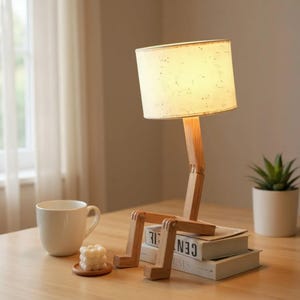 Wooden robot table lamp – modern Nordic design for study, reading, or night lighting. Stylish décor for any desk or bedroom space.