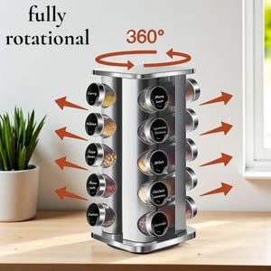 Rotating Stainless Steel Spice Rack with 20 Glass Jars