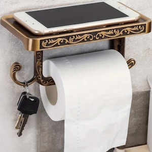 Porta carta igienica di lusso in ottone con contenitore – Distributore di fazzoletti autoadesivo da parete, elegante e salvaspazio per il bagno