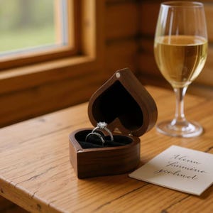 Vintage Heart-Shaped Wooden Ring Box – Small Engraved Jewelry Case for Engagement, Wedding Proposal, or Gift Packaging – Flip Lid Design