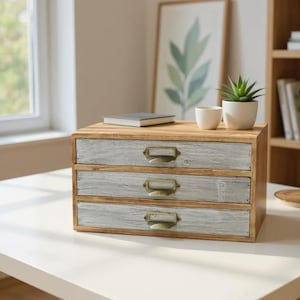 Rustic Wooden Desk Organizer with Drawers | Vintage Aged Storage Box for Office Supplies, Home Office Decor & Desk Accessories