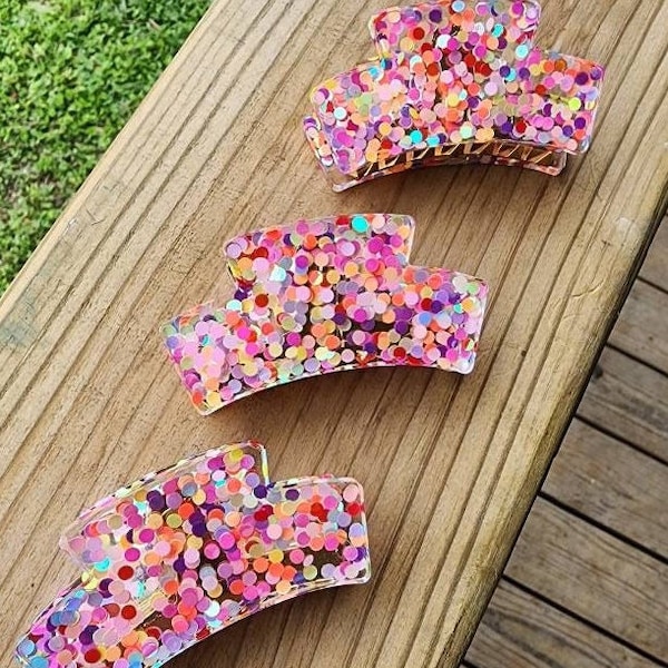 Multicolor Hair Clips, French Hair Clips, Hair Claws, Resin, Glitter Resin Clips, Rainbow, Metal, Confetti, Birthday, Celebration