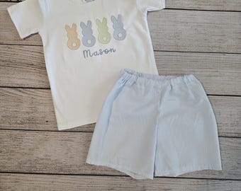 Personalized Boy Easter Outfit, Bunny Embroidery, Seersucker Shorts OPTIONAL, Sibling Matching