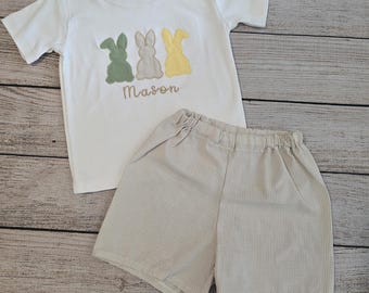 Personalized Boy Easter Outfit, Bunny Embroidery, Seersucker Shorts OPTIONAL, Sibling Matching