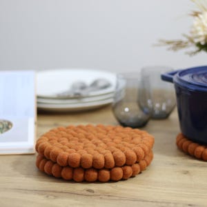 May include: Two round brown felt pot holders with a textured surface. The pot holders are made of small, round felt balls.