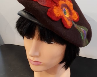 Pure Wool Felt Beret Dark Brown Upcycled Unique Embellished with Hand Made Felt Flowers Orange Green Brown and Leaves