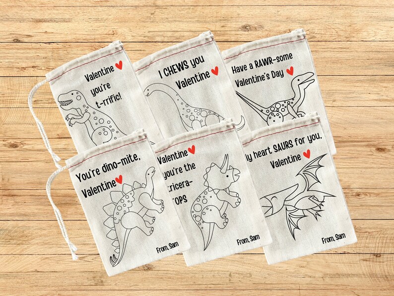Dinosaur Valentines for Class Party Set of Six Valentine Message Dinosaur Favors for Kids Party Favors image 1