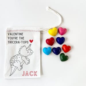 Dinosaur Personalized Valentines Gift Goodie Bag & Mini Heart Natural Crayons - Kids Valentines Day Gift Keepsake