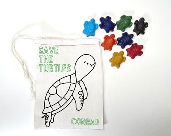 Save the Sea Turtles Soy Crayons with Personalized Drawstring Bag  - Kids Art Suppy - Young Ocean Conservationist