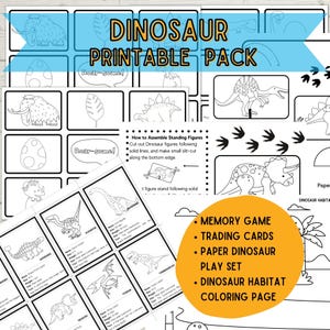 Paquete imprimible de dinosaurios: colorea tu propio juego de memoria, tarjetas coleccionables y página para colorear de dinosaurios para niños, regalo educativo para cumpleaños o diversión