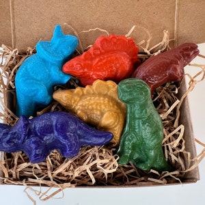 dinosaur crayons set of six dinosaur soy crayons in a box with organic paper shred with colors green orange yellow purple turquoise red