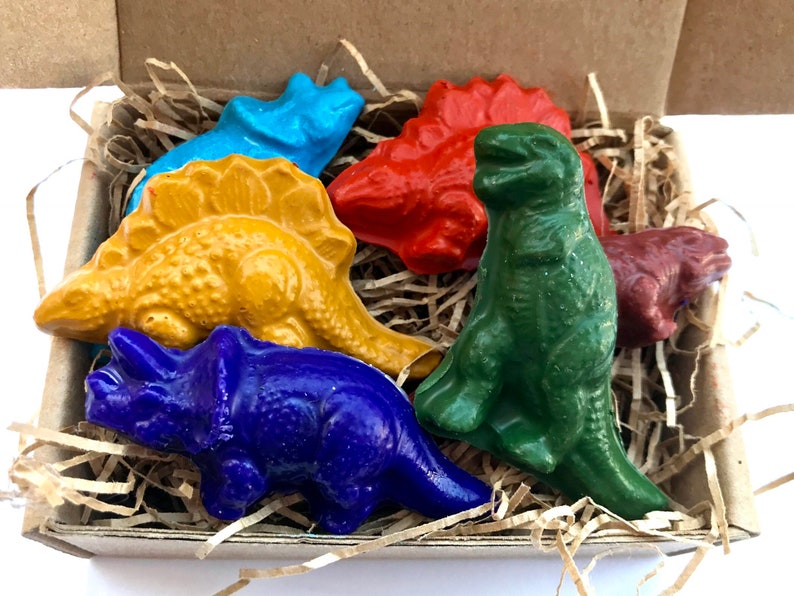 dinosaur crayons personalized gift for kids set of six dinosaur soy crayons in a box with organic paper shred