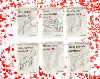 Kids Valentines with Valentine Messages - Set of Six Craft Activity Goody Bags for Class Party