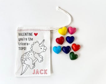 Dinosaur Valentines Personalized Gift Goodie Bag with Mini Heart Crayons - Valentines Day Gift for Kids