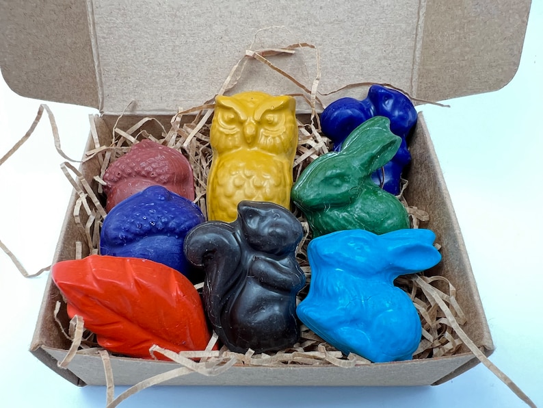 natural crayons; soy crayons; earth grown crayons; woodland animal crayons in a box: turquoise rabbit, purple acorn, blue squirrel, mustard yellow owl, brown squirrel, orange leaf, green rabbit, earth red acorn; gift for kids