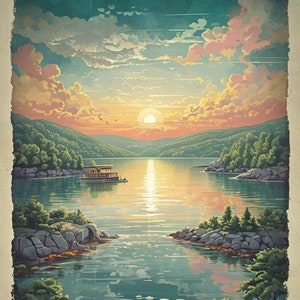 Retro Reiseplakat mit ruhiger Sonnenuntergang Seeszene PNG