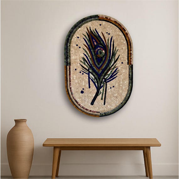 Handmade Wall Art Mosaics with Peacock Feather Design – Elegant Oval Mosaic Tile Artwork for Home Decor – Unique Mosaic Wall Hanging