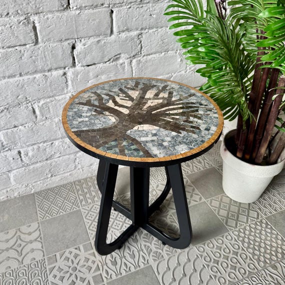 Dark Moon Tree Design Coffee Table - Infinity Loop Base Handmade Mosaic Art Patterns