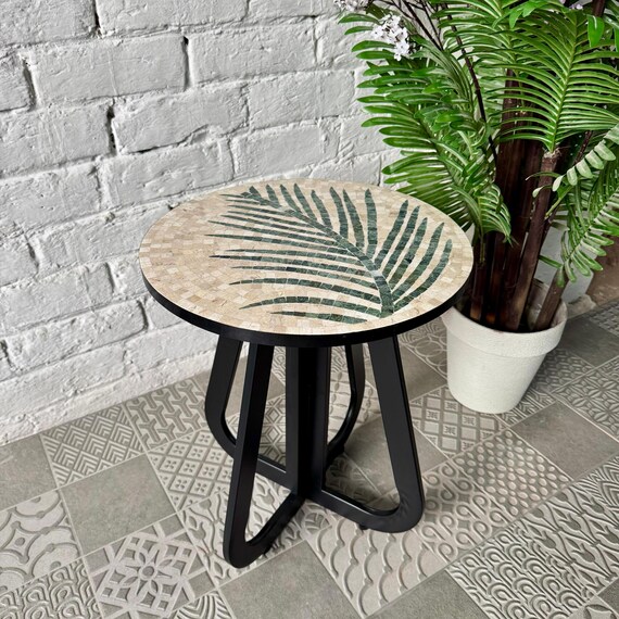 Modern Tea Leaf Stone Mosaic Coffee Table – Infinity Loop Base for Contemporary & Western Home Décor