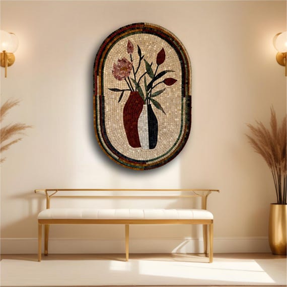 Western Home Decor Mosaics with Floral Vase Design – Handmade Oval Mosaic Wall Art for Rustic Interiors – Unique Country Style Wall Hanging