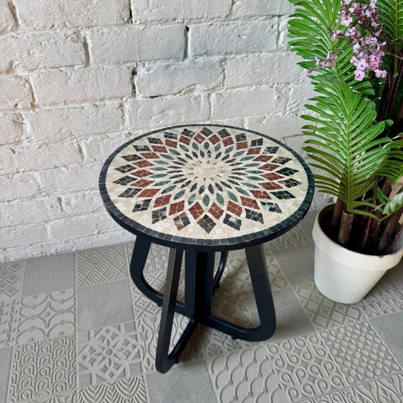 Aurora Mosaic Accent Cream Coffee Table - Infinity Loop Base Handcrafted Centerpiece for Modern & Antique Home Décor