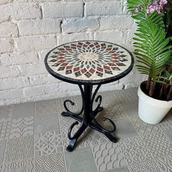 Aurora Mosaic Accent Coffee Table – Handmade Stone Mosaic Art with Modern Curved Base | Quirky & Country Home Décor