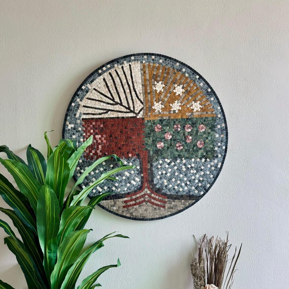 Timeless Seasons Stone Wall Décor – Handmade Wall Art Tree of Life Mosaic Art Deco Style, Ready to Hang Mosaic for Living Rooms