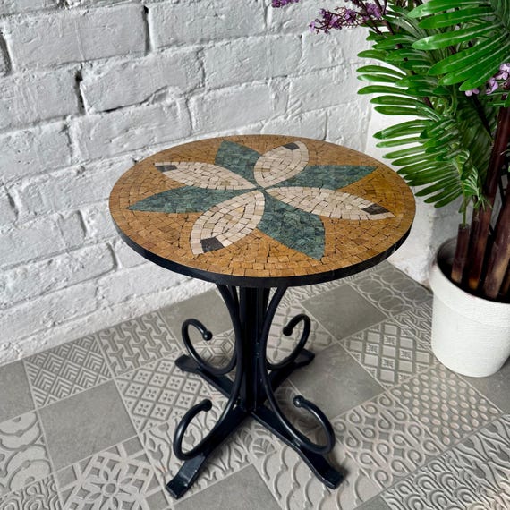 Timeless Petal Design Coffee Table - Ornate Curve Base with Mosaic Art Patterns for Western Home Decor