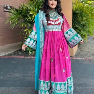 Handmade Lelomitan Afghan Dress – Traditional Kuchi Gown with Cherma Embroidery & Coin-Adorned Chest – Cultural Boho Festival Wear