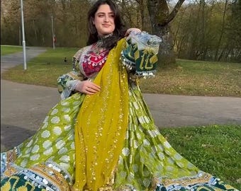 Handmade Green Afghan Dress with Yellow Dupatta – Mirror Work Ethnic Wear