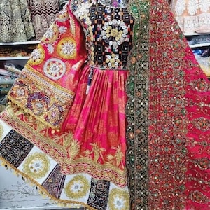 Hand‑Embroidered Afghan Frock with Cherma Embroidery & Lace, Handmade Chestpiece | Ethnic Party Wear | Cultural Wedding Dress
